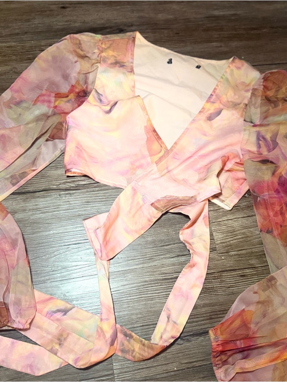 Sheer Pink Marble Wrap Top with Long Puff Sleeves